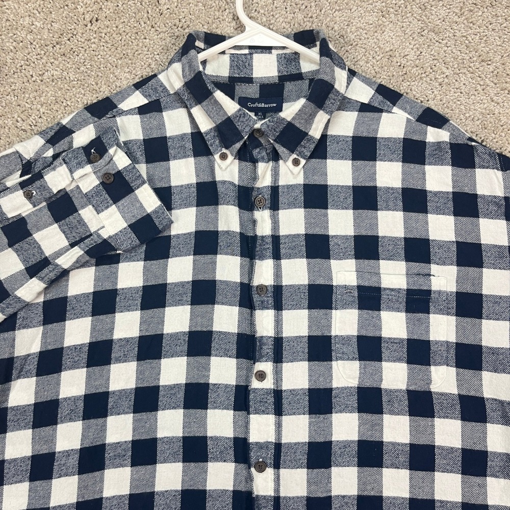 Croft & Barrow Mens XL Tall Button Down‎ Shirt Blue White Bufffalo Plaid Flannel